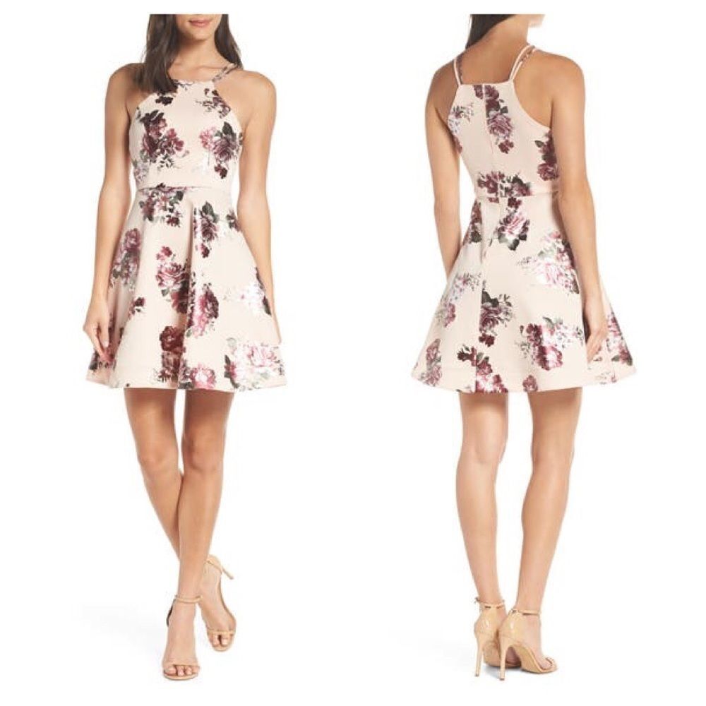 Sequin Hearts Foil Floral Scuba Crepe Party Dress